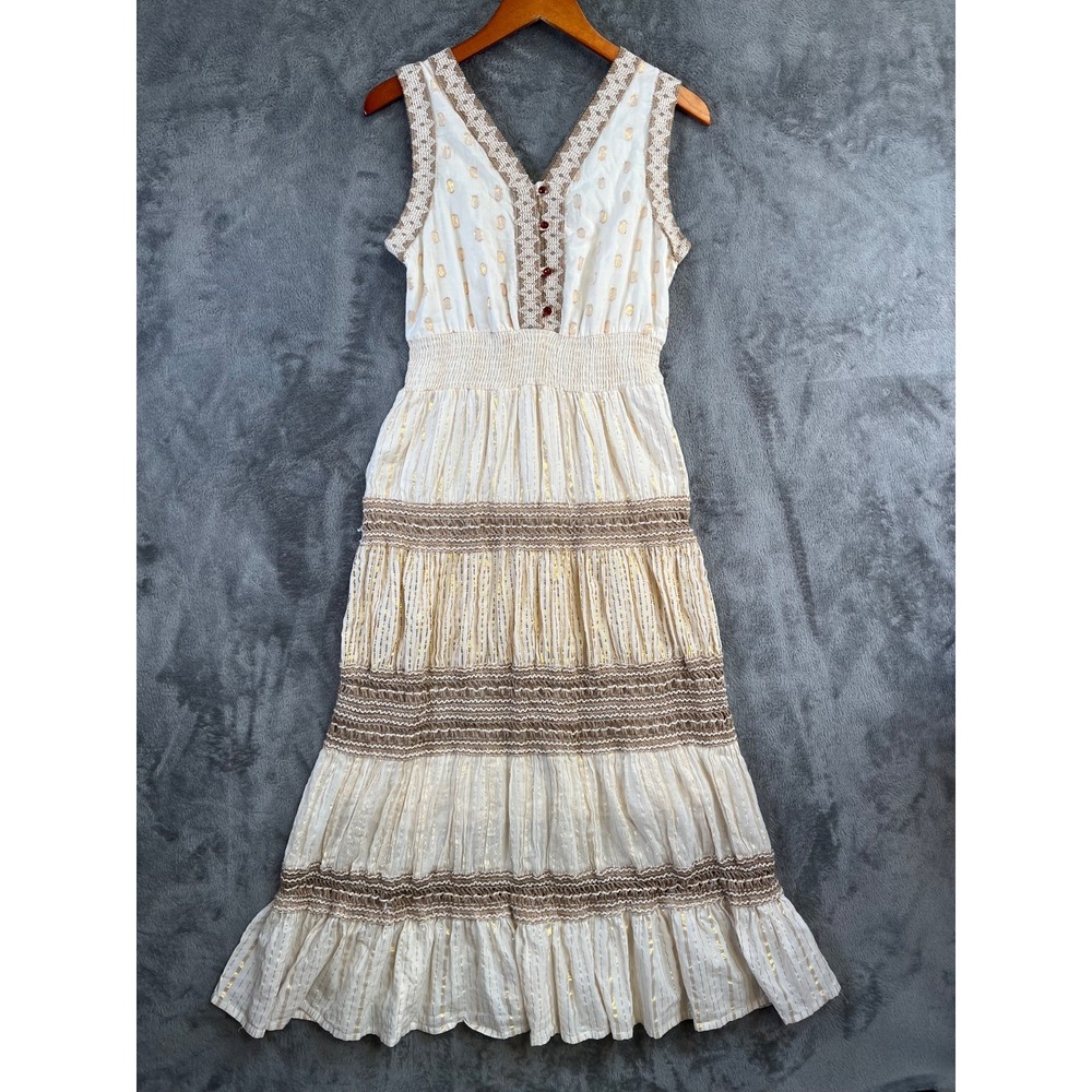 NAOO Midi Maxi Dress Medium Ivory Gold Boho Cotton Tiered Peasant Prairie